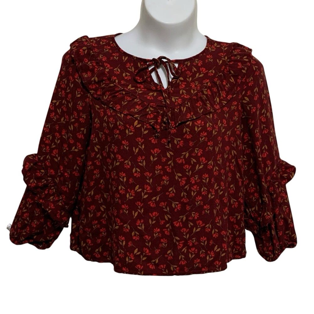 SONOMA Blouse Womens Size XL Burgundy Floral Long Sleeve Ruffled Lightweight